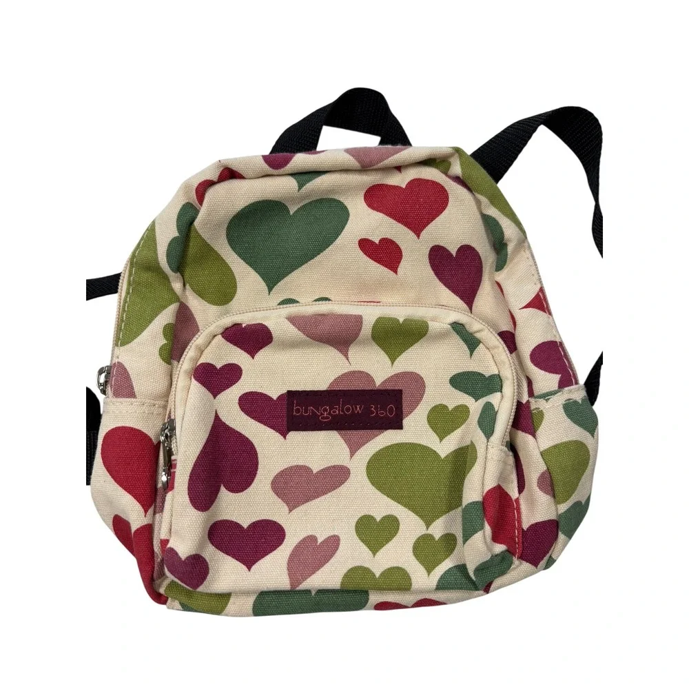 Bungalow 360 Mini Backpack Multi Color Heart Print Canvas Vegan